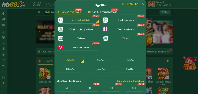 Người chơi được hỗ trợ nạp rút nhanh chóng tại HB88